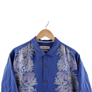 Tommy Bahama Mens L Silk Short Sleeve Button Up Shirt Blue Floral Print
